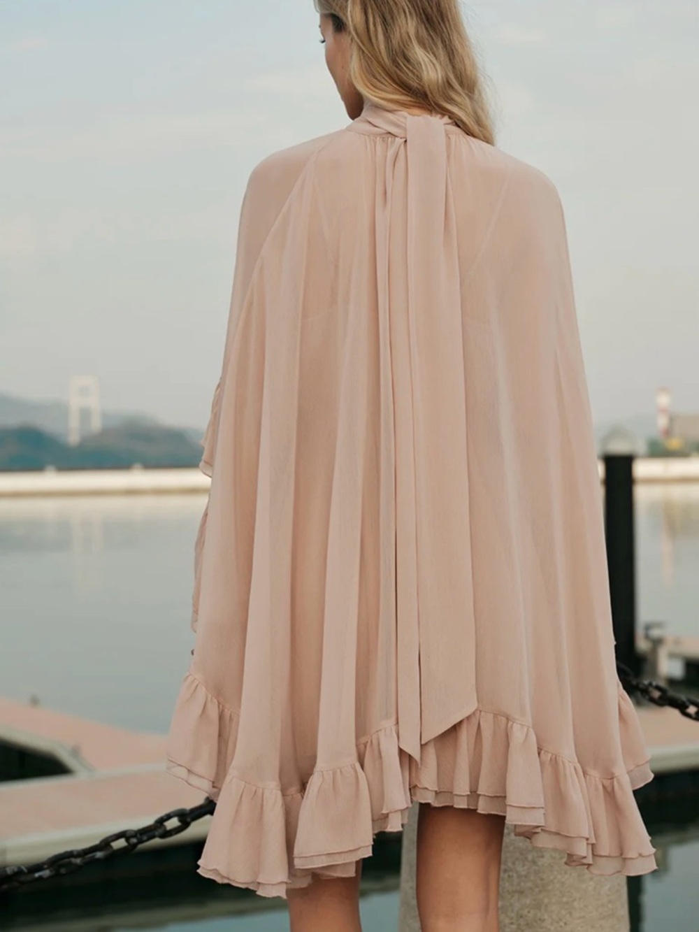 Commense Semi-Sheer Chiffon Ruffle Dress with Outer Cape - Black - XL - Picture 4 of 10